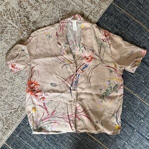 Floral Beige Women’s Linen Blend Button Down Shirt Size M